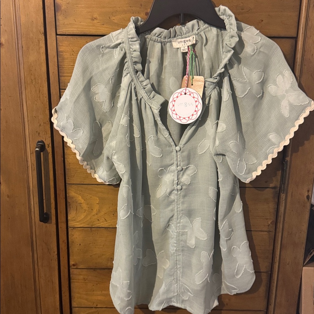 Umgee Sage Green Ruffled Tie-Neck Flutter Sleeve Blouse